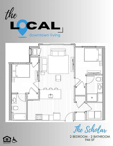 Floor plan for 2 beds, 2 baths, 946 sqft